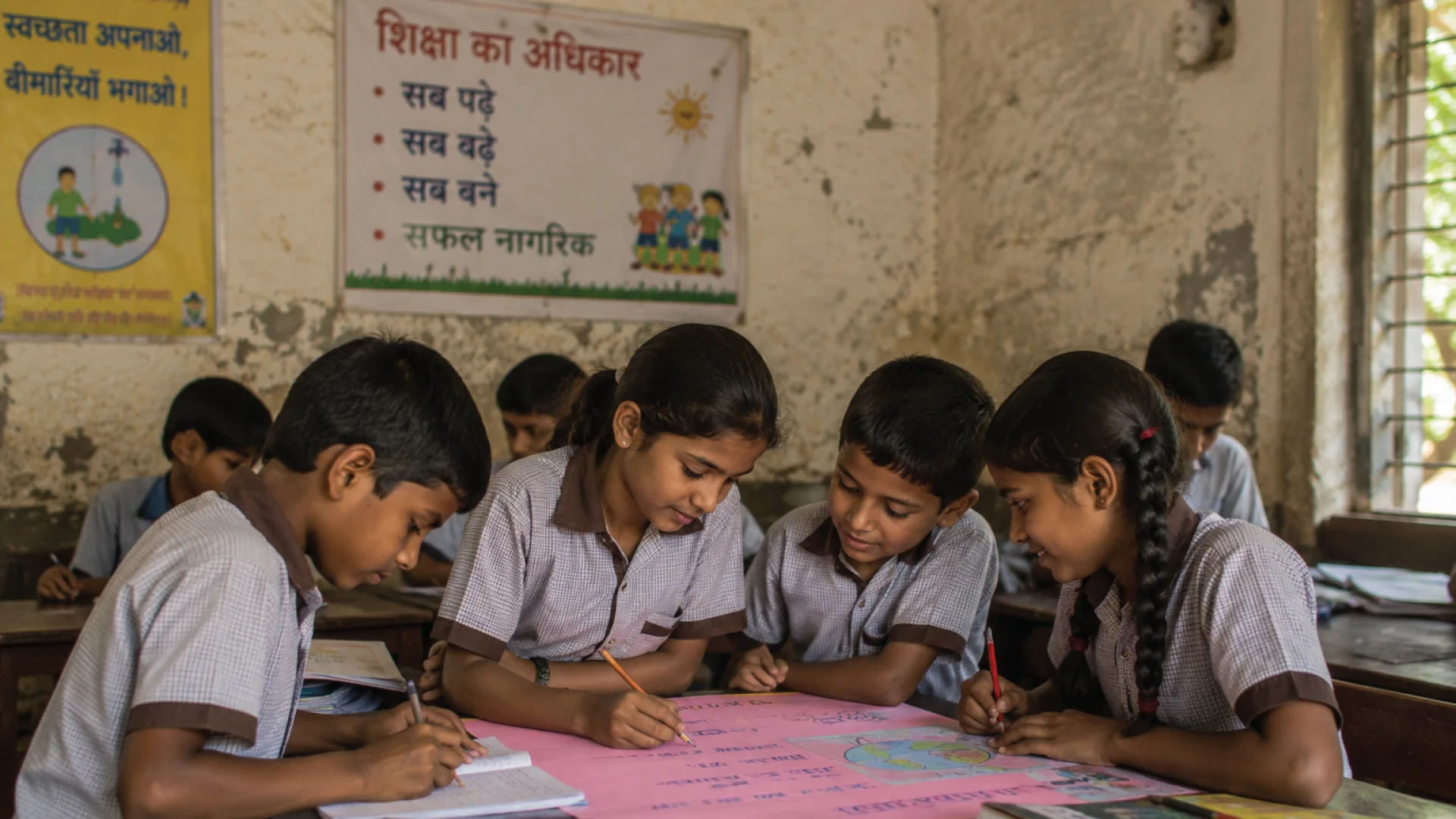 Schoolchildren studying